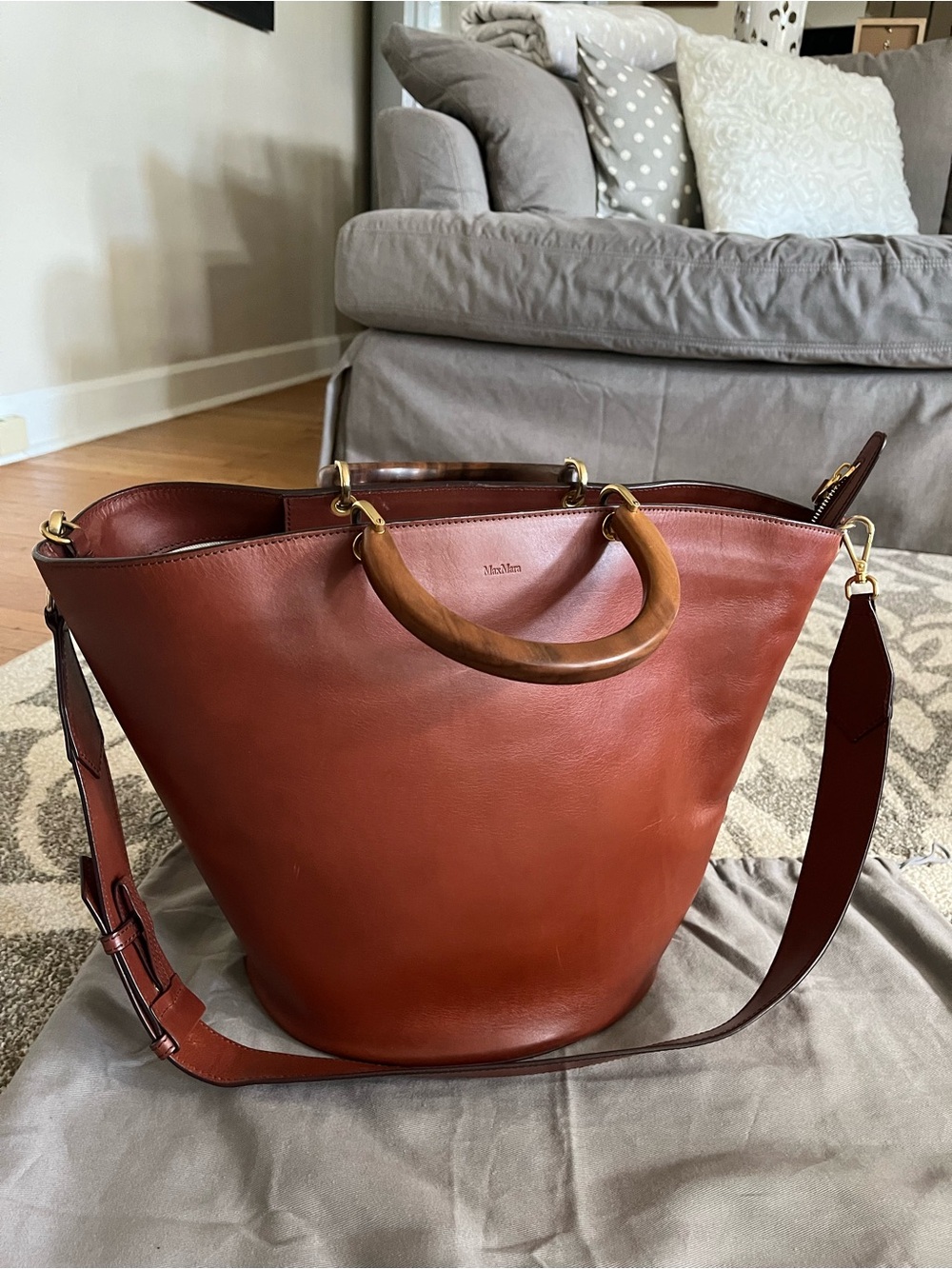 MaxMara Rustic Cognac Leather Tote with Wooden Handles
